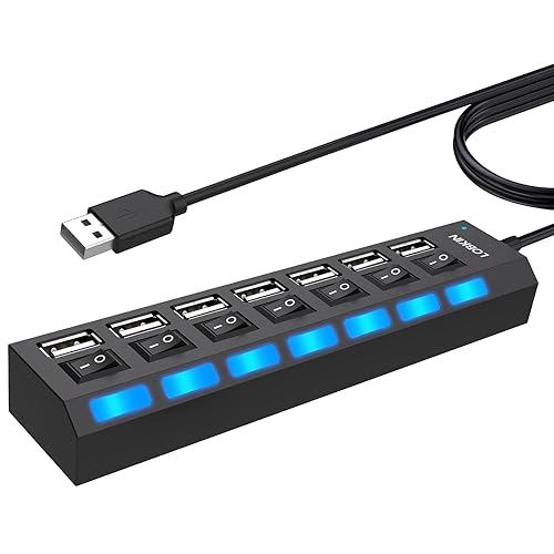 LOBKIN USB Hub 7-Port,USB 2.0 Data with Individual On/Off Power Switches and Lights Portable Extension for PC Laptop More - USB 2.0 (7 Port)