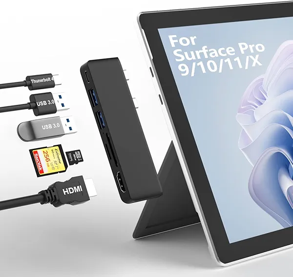 Surface Pro 9/10/11/X Accessories, Surface Pro 9 Docking Station with 4K HDMI, USB-C Thunerbolt 4 (Display+Data+PD Charging), 2 USB 3.0, SD/TF Card Reader for Surface Pro 9/Pro10/Pro11/ProX