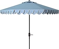 SAFAVIEH 9ft Round Outdoor Patio Umbrella with Valance, Baby Blue & White Trim, Auto Crank Tilt, UV Resistant - PAT8006U