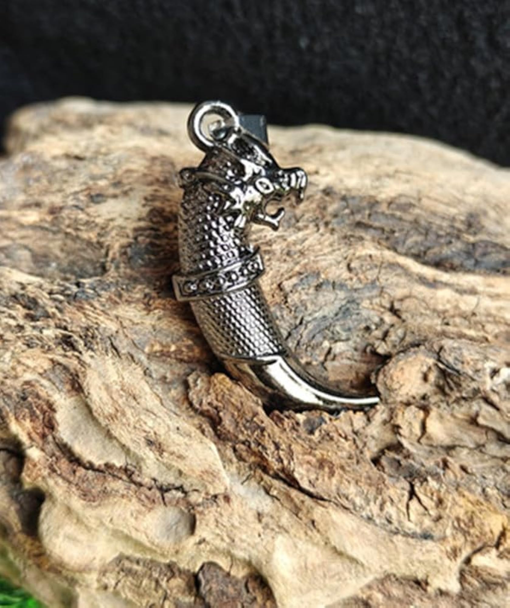 Stainless Steel Wolf Tooth Pendant Necklace, Rhodium Plated Charm