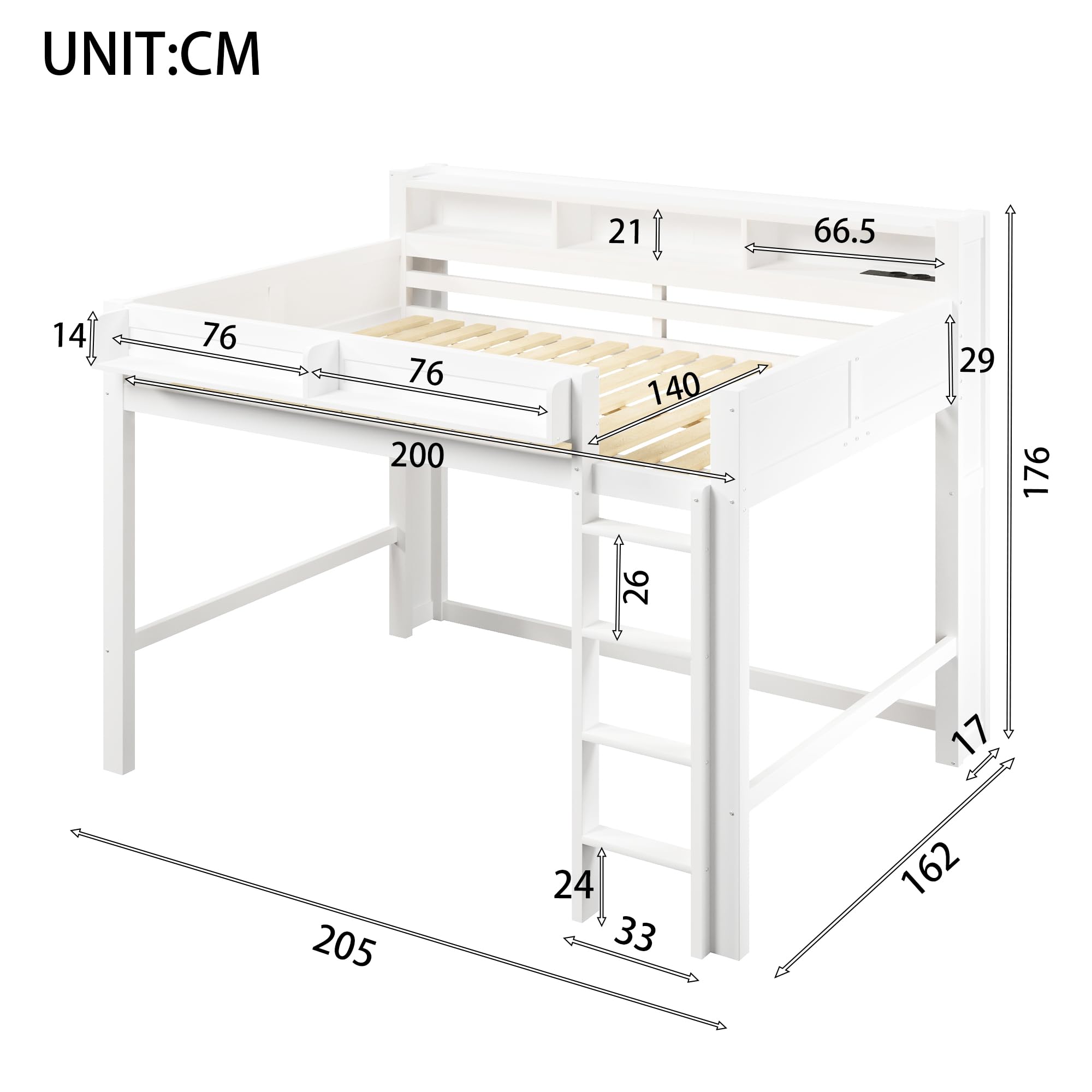Lit Superposé Enfant 140x200cm avec éclairage LED et Port USB,Lit Mezzanine 2 Place en Bois avec rangements,Garde Corps,lit Jeune duoble,Cadre de lit Double,sans Matelas,Blanc