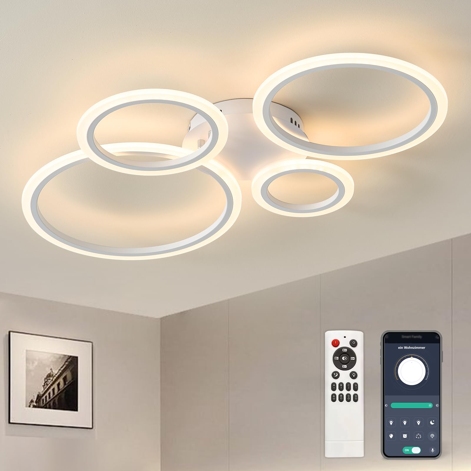 Lámpara LED de techo con APP regulable 85CM, 40-80W lámpara de saló dormitorio con mando a distancia cambio de color lámpara de techo moderna ahorro de energía iluminación de techo para salón