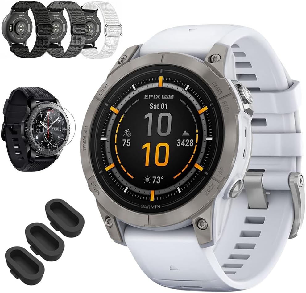 Garmin Epix Pro (Gen 2), 47mm, Sapphire, Titanium, Whitestone 010-02803-20 Bundle with Deco Essentials 3-Pack Nylon Elastic Bands, 3-Pack Silicone Dust Cover and Round Glass Screen Protector