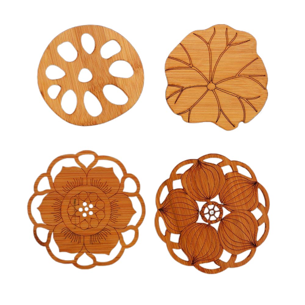 Leadigol 4PCS Wooden Drink Coasters,Round Cup Table Mat Hollow Lotus Pattern Cup Pad Coffee Mug Placemat