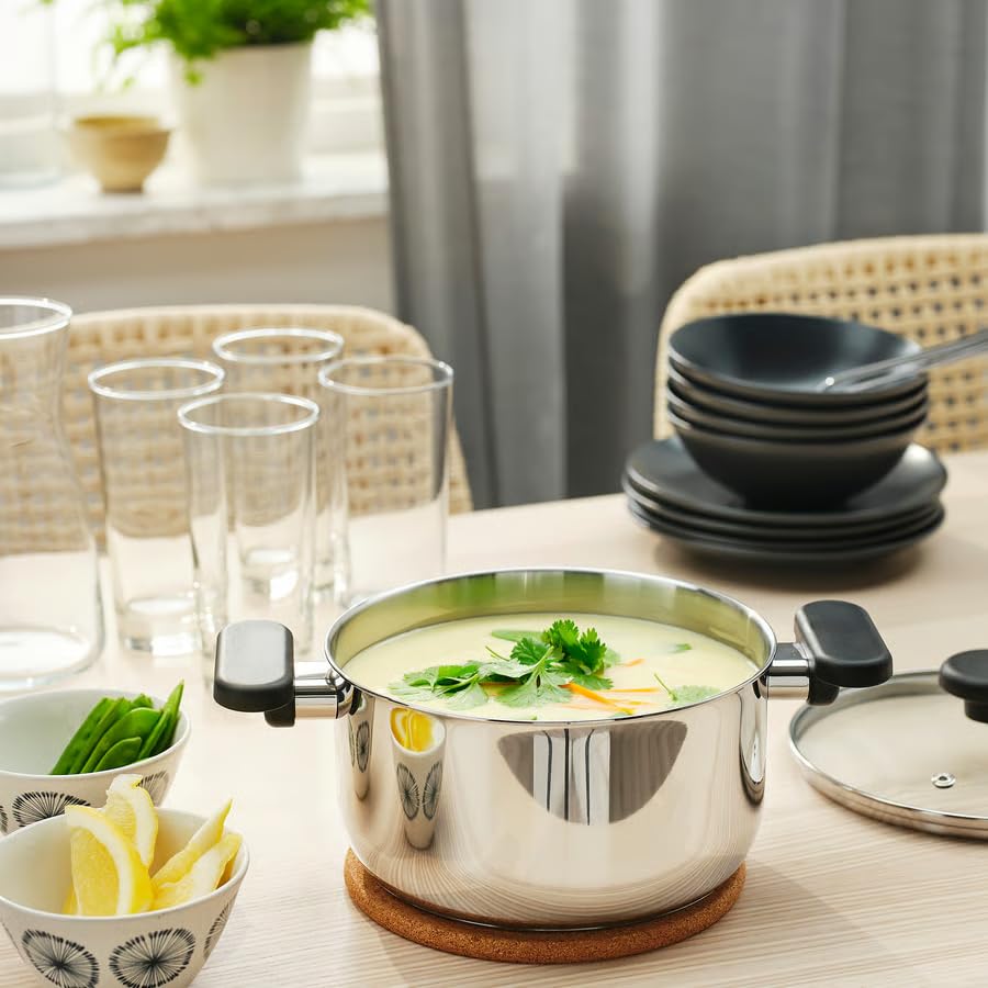 Image of MIDDAGSMAT Stainless Steel Pot with Glass Lid, 3 L, Induction Compatible, Dishwasher-Safe, Steam Vent, Stackable Design, Fast Heating Base