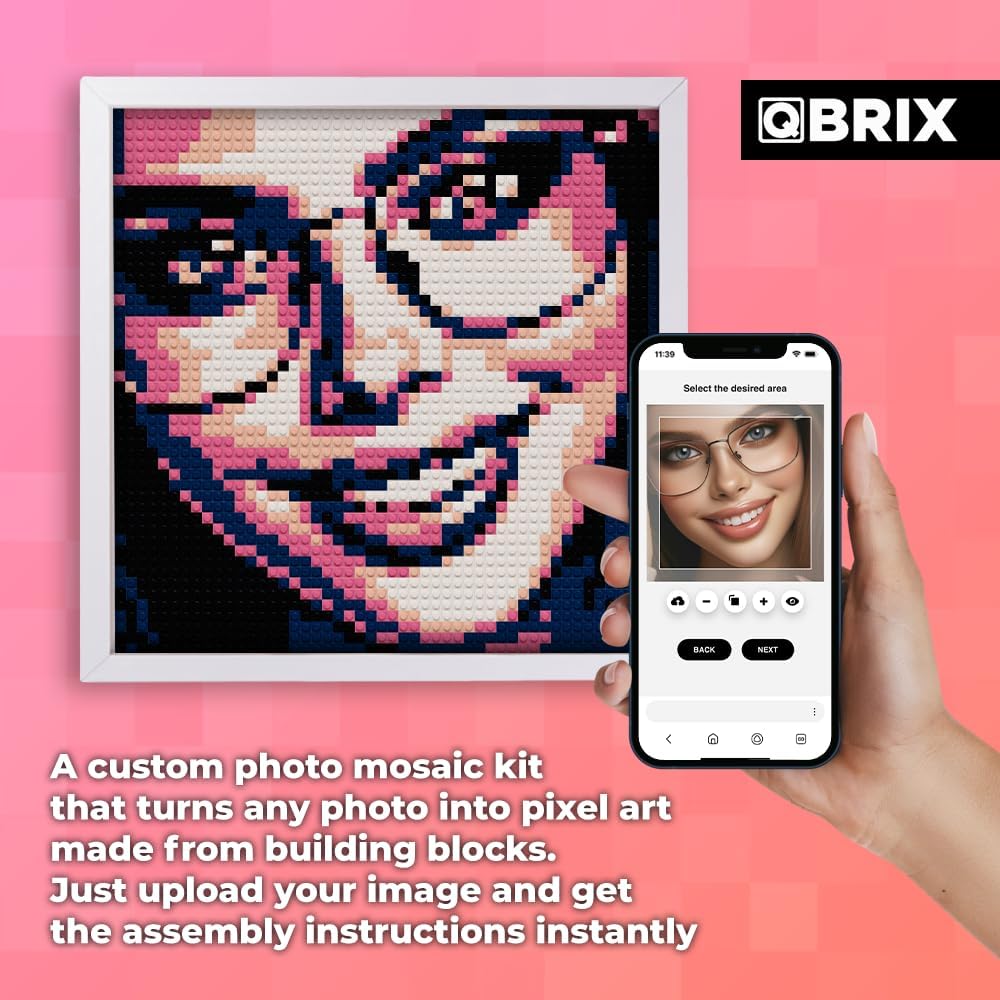 QBRIX Custom Selfie Mosaic Building Set | Art Kit for Wall Art Creation from Any Photo | Personalised Gift | Building Blocks Portrait with Frame | Pixel Art Building Kit | Poster 17.5 x 17.5 inch