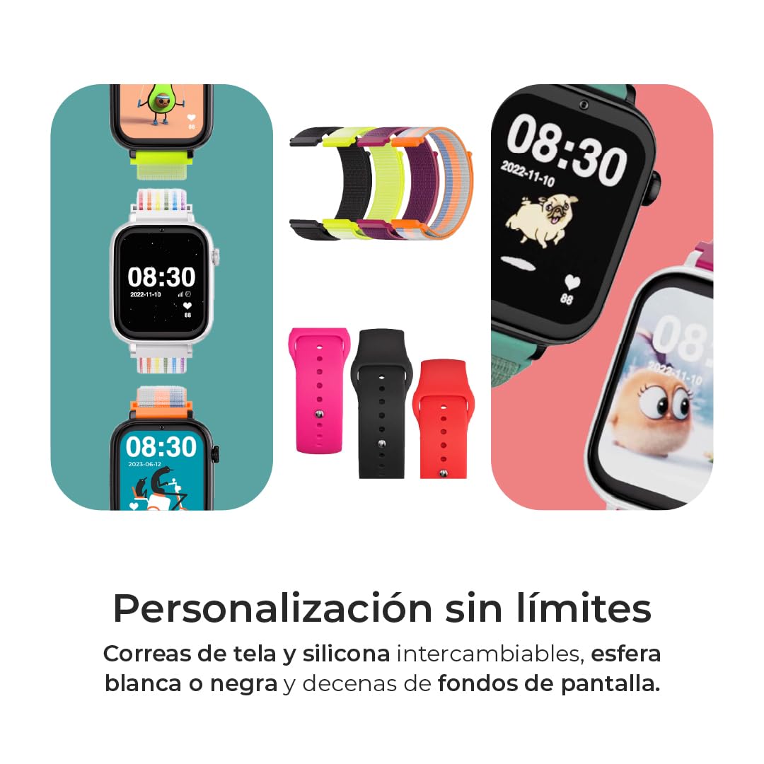SaveFamily SaveWatch Plus 4G | Reloj Inteligente Niño con Localizador GPS, Llamada, Vídeo, Whatsapp, Música, Bluetooth, App Store | SIM Incluida - Esfera Blanca y Correa de Tela Verde