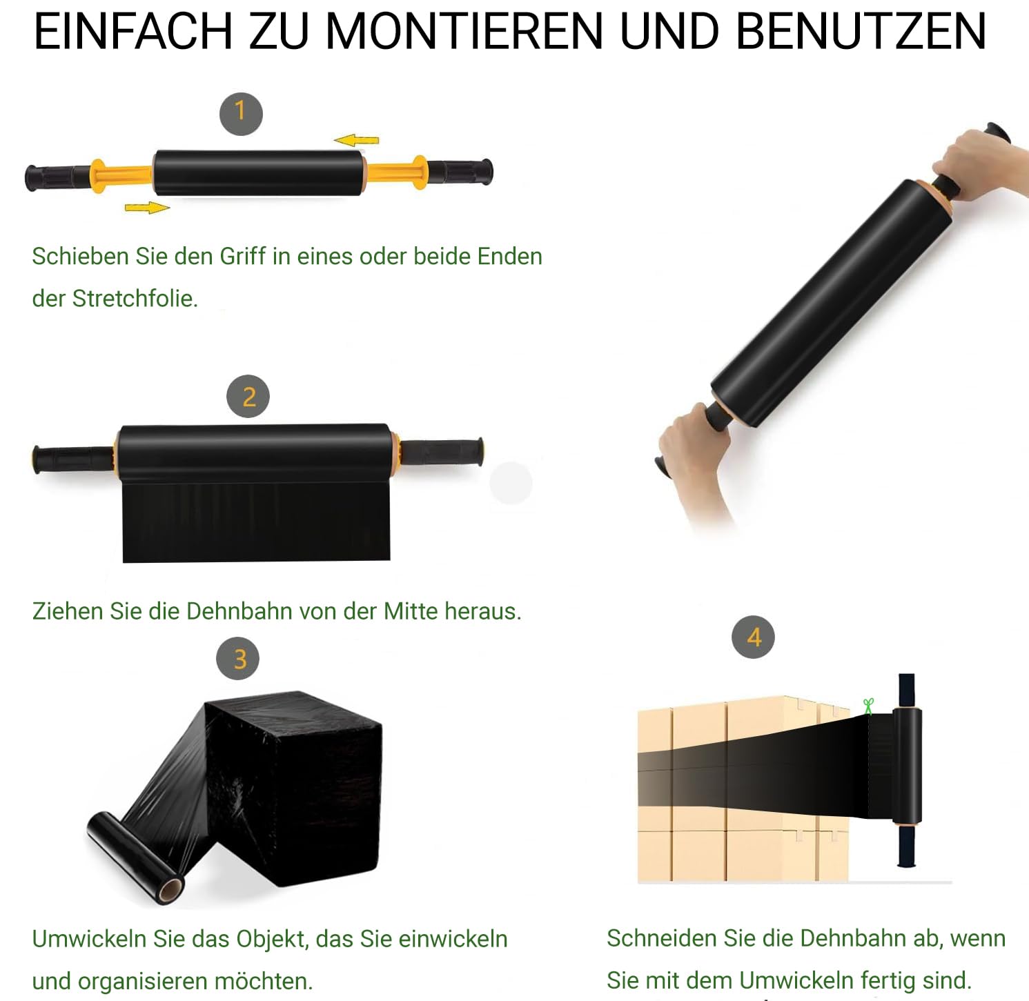 2 Rollen Schwarze Stretchfolie mit Griffen, 38,1 cm x 300 m, Schrumpffolie, Umzugsfolie, Lieferanten, 60 Gauge, Kunststofffolie für Palettenverpackung, Versand und Oberflächenschutz (A2)