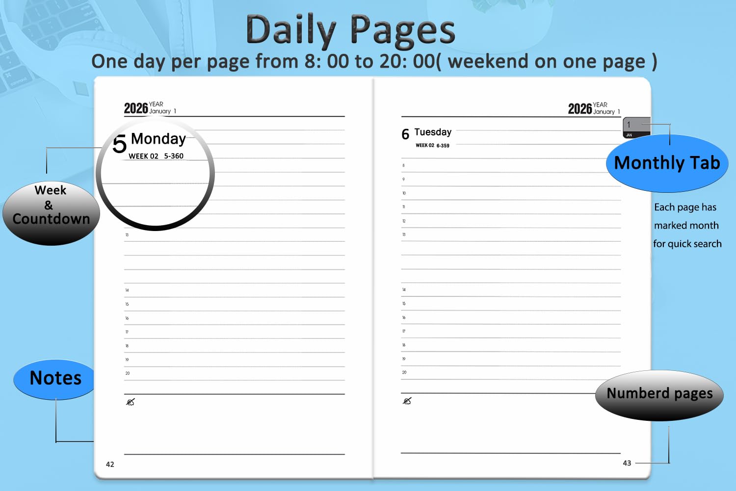 Agenda Académique 2026, Un Jour Par Page, Format A5 (plan