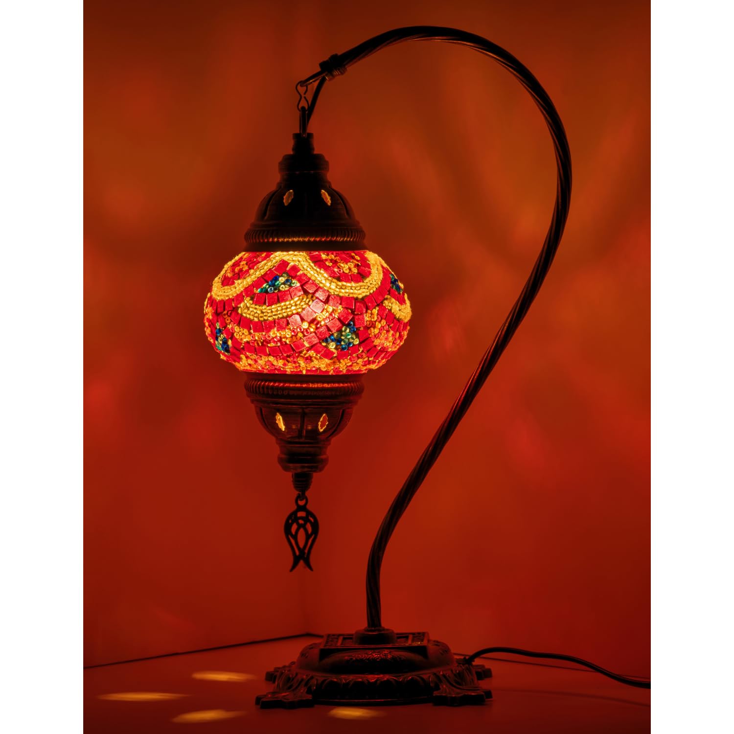 Kafthan Turkish Moroccan Mosaic Lamp – Handmade Glass Swan Neck Bedside Lamp with Antique Brass Base, Ideal Decor for Bedroom, Office, Living Room – Bulb Included (Beaded Waves)