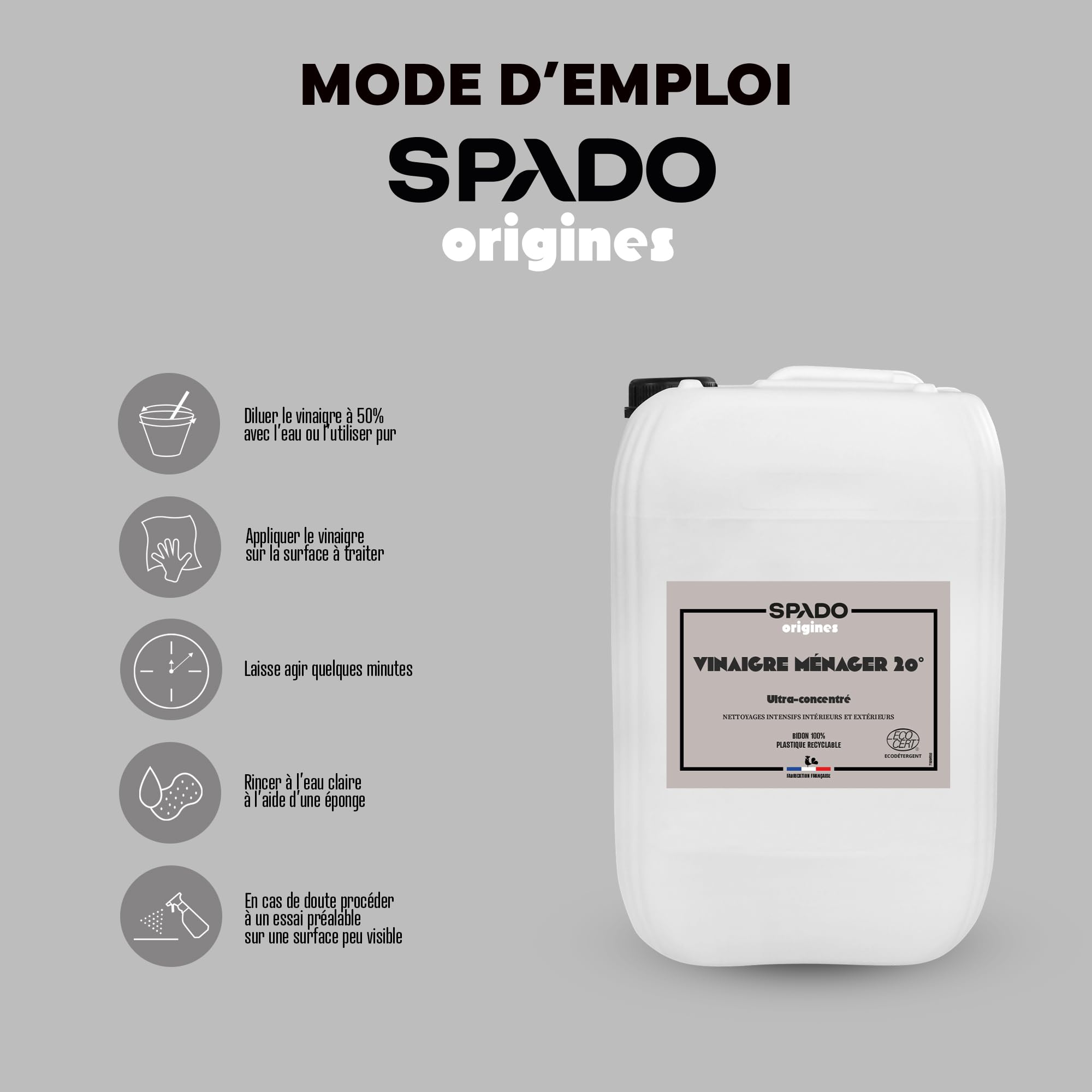 SPADO Origines – Vinagre blanco – Desincrustar y hacer brillar – Concentrado a 20° – 100% de los ingredientes son de origen natural – Sin perfume – ECOCERT – 10L – Fabricación francesa