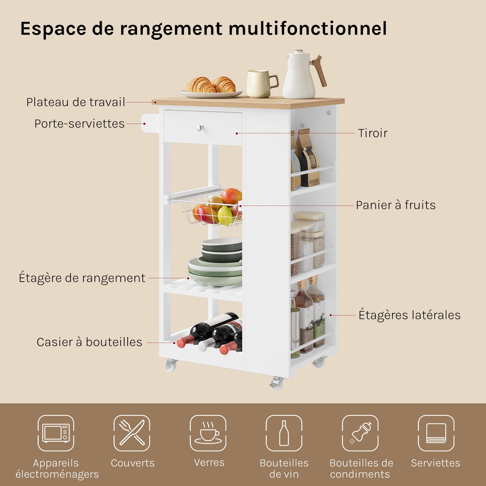 WOLTU Desserte à roulettes, Meuble Cuisine avec Plan de Travail, 1 Tiroir, 1 Panier en Grille, 1 Casier à Bouteilles et 3 Étagères Latérales, pour Cuisine, Salle à Manger, Salon, Bambou + Blanc