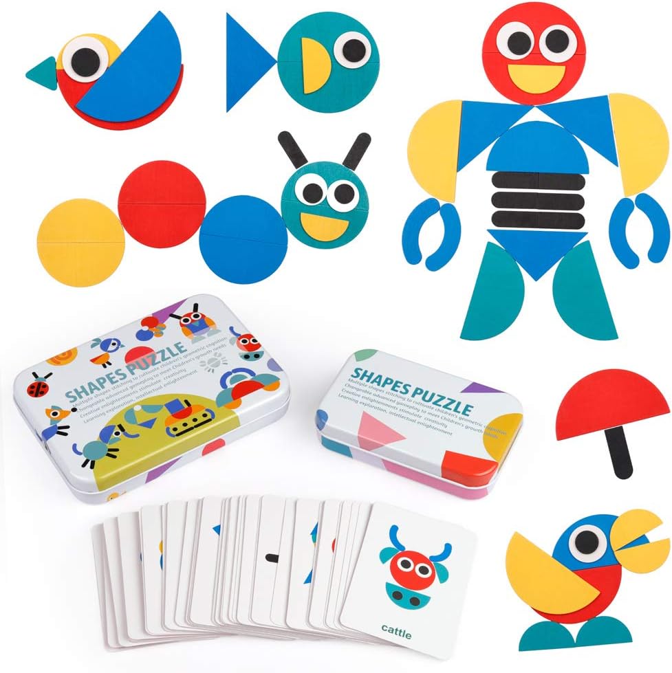 Coogam Wooden Pattern Blocks - Tangram Shape Puzzle Set Color Sorting Stacking Game Wood Animal Jigsaw Preschool Brain Teaser STEM Gift for 3 4 5 Years Old Toddler Kid (60 Pattern Cards)