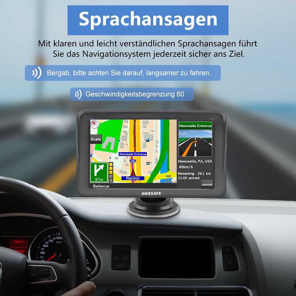 AWESAFE Bluetooth Navigationsgeräte für Auto, 7 Zoll Touchscreen, GPS Navigation für LKW PKW KFZ, 2023 Europa Karten unterstützt lebenslang kostenloses