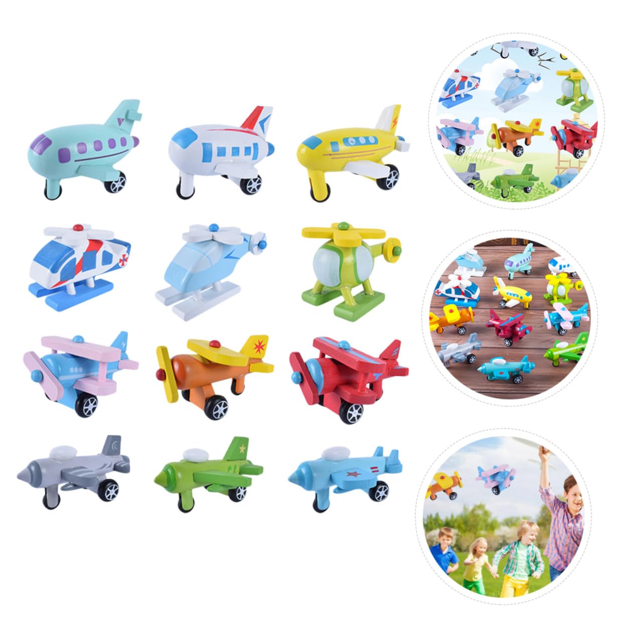 POPETPOP 12 Piezas de Mini Aviones de Madera para Niños Colores Vivos Rebabas, Juguete Educativo Adecuado Desarrollo Temprano y Reconocimiento de Colores