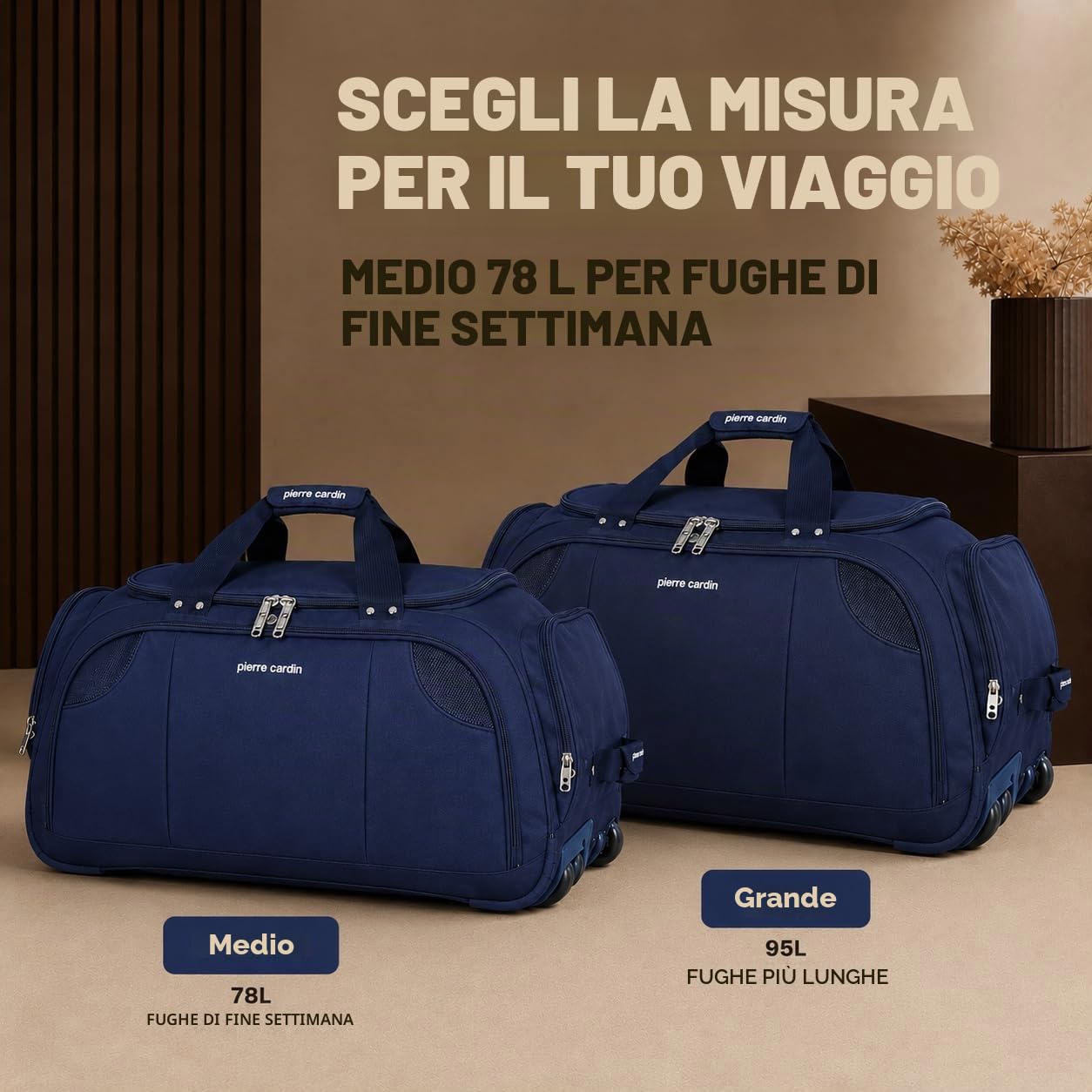 Pierre Cardin CL769 - Borsone leggero e grande con rotelle, resistente alle sollecitazioni, con rotelle e opzioni di trasporto, borsa da viaggio con ruote, Nero, Medium Navy 26", Custodia a rullo