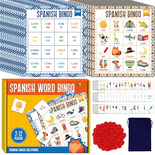 SpriteGru Spanish Bingo Game 12 Vocabulary Bingo Board Game Bilingual Word Learning Educational Toys for Words Learning - Ages 5 and up (Up to 12 Players)