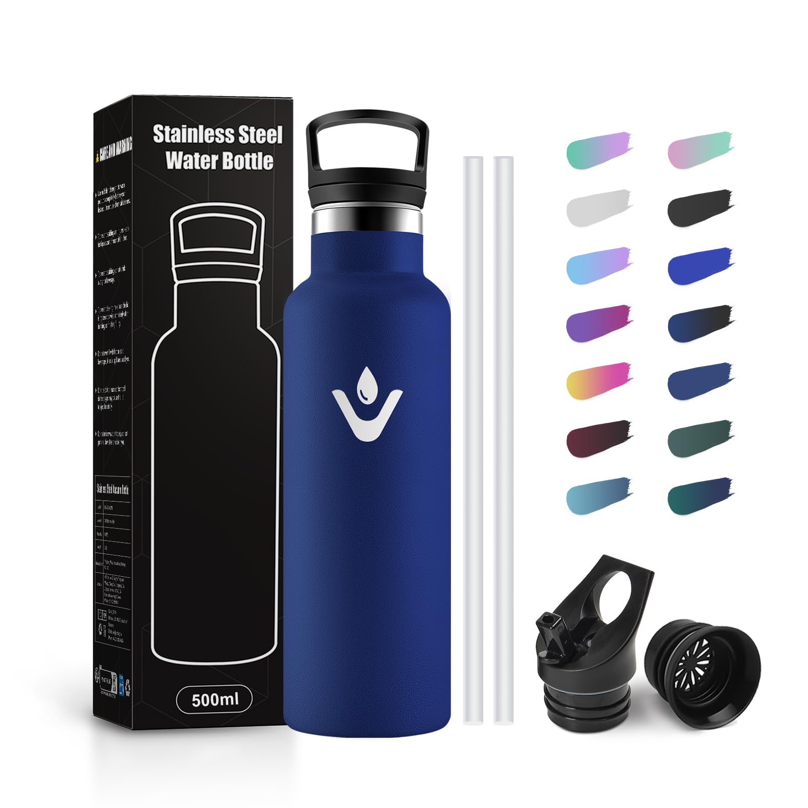 500ml Stainless Steel Water Bottle with Straw Reusable BPA Free Leak Proof Thermos for School, Camping