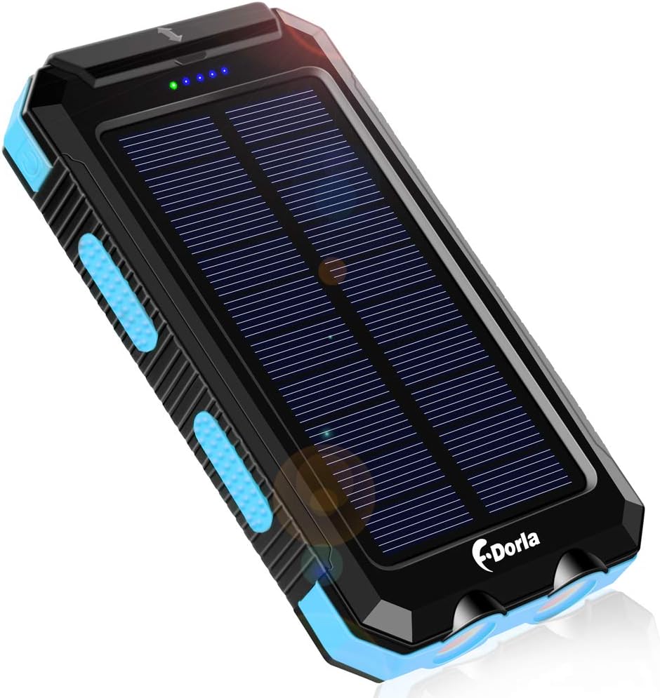 Solar Charger, F.Dorla 10000mAh Portable Solar Power Bank, Dual 5V USB Ports Output, Waterproof, Camping External Backup Battery Pack, 2 Led Light Flashlight with Compass (Blue)