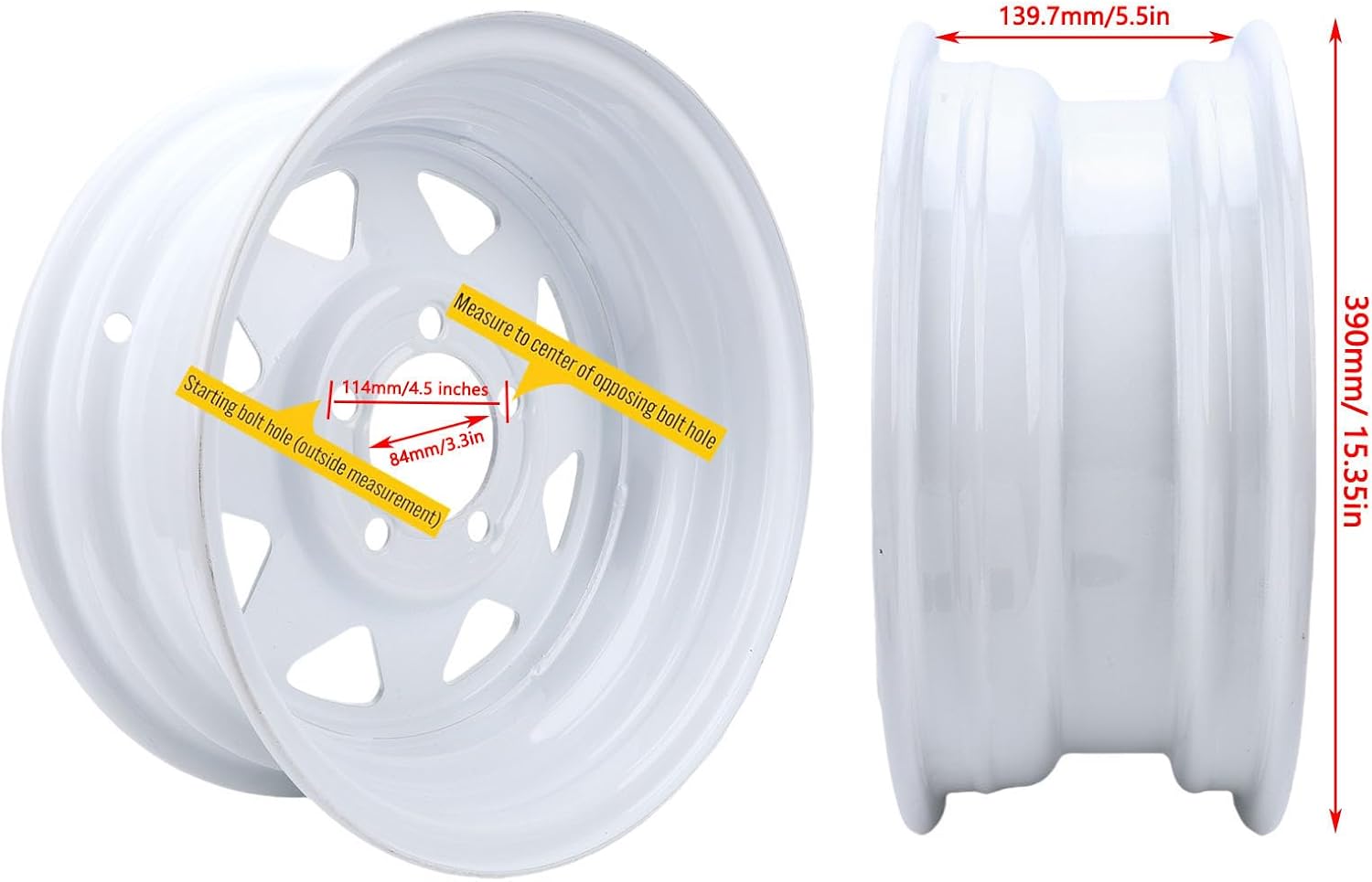 14x5.5 Trailer Wheel Rim, 5 Lug on 4.5 Pattern White Spray Painted Steel Rim for Utility Cargo Boat Trailers