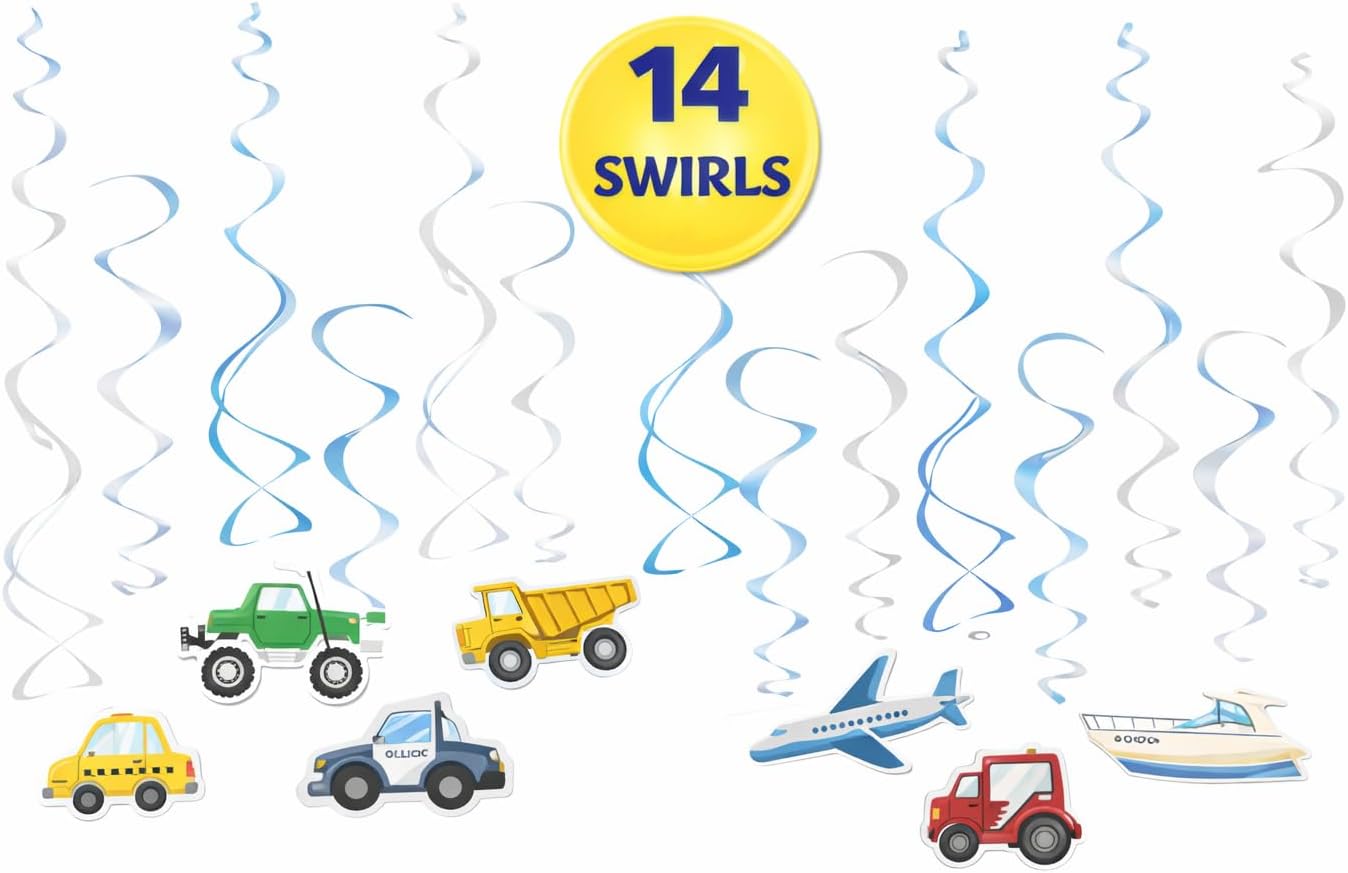 Serves 24 Complete Transportation Birthday Party Pack Includes Paper Plates, Cups, Napkins, Table Covers, Happy Birthday Banner, DIY Photo Props, Swirls, Ideal for Transportation theme birthday party