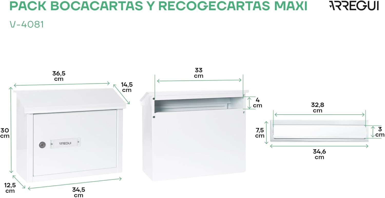 Arregui V4081 - Mail Box with Card Holder, Steel, Capacity for Magazines, 365 x 300 x 145 mm, White