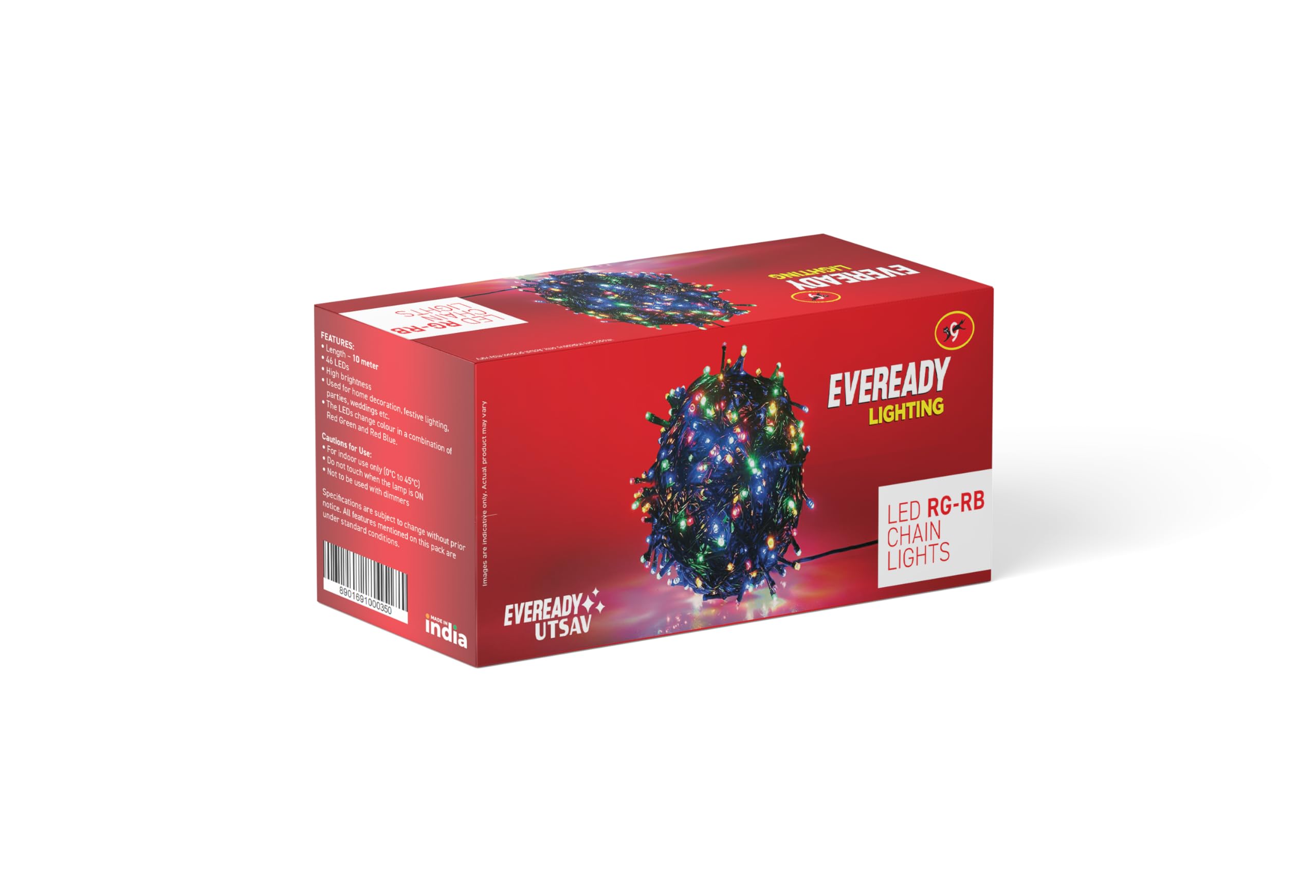 EVEREADY Utsav, 10 Meter LED RG-RB Chain Lights, 46 LEDs, Multicolour Lights for Home, Wedding, Diwali, Christmas & Party Decoration, High Brightness, BIS Approved, Made in India, Pack of 1