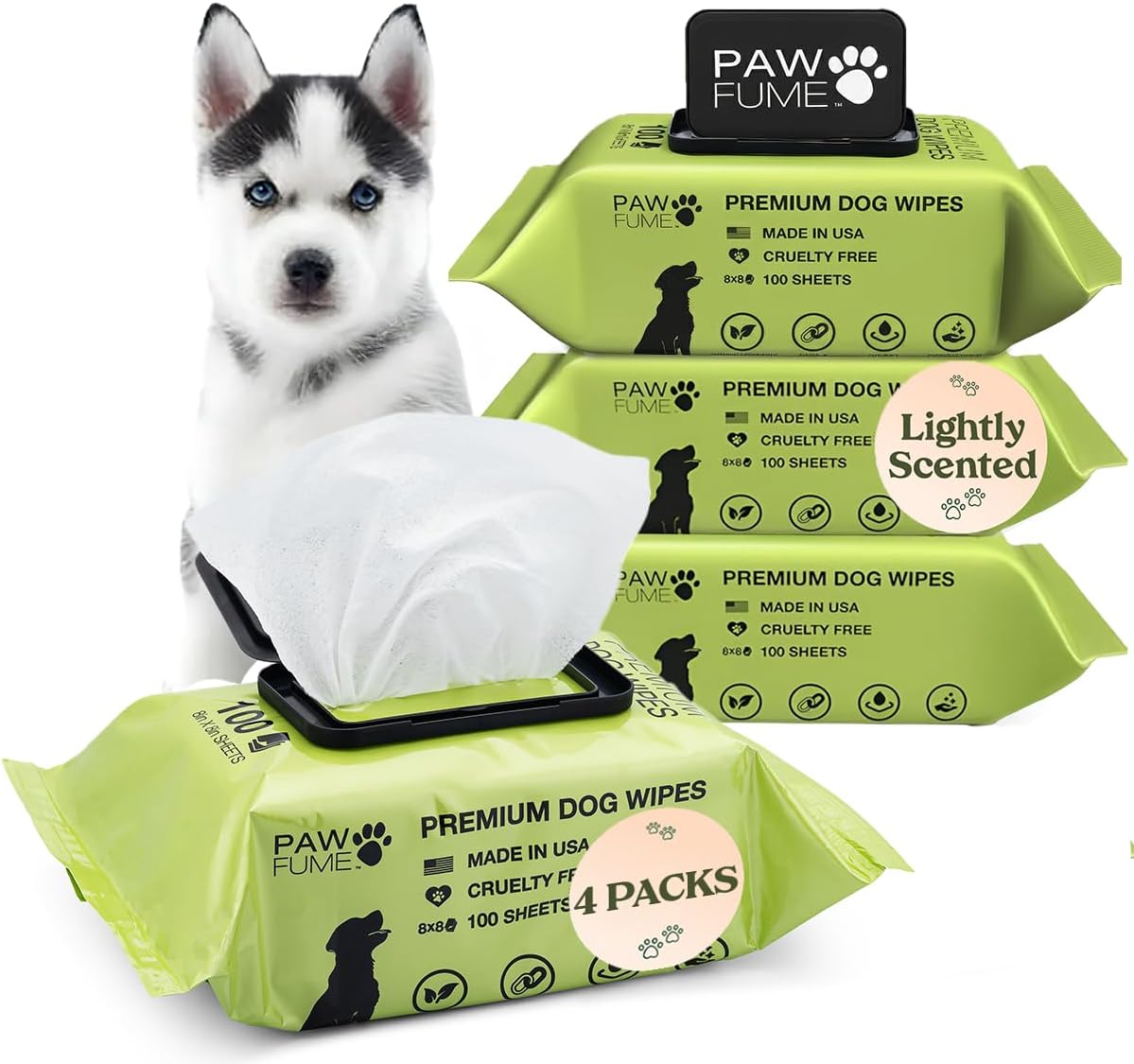 Pawfume Dog Wipes 4 x 100 Count, Pet Wipes – Hypoallergenic & Gentle Dog Wipes for Eyes, Face, Butt, and Paws – Cleaning & Deodorizing, Grooming Tear Stain Wipes for Puppy, Adult Dogs & Cats