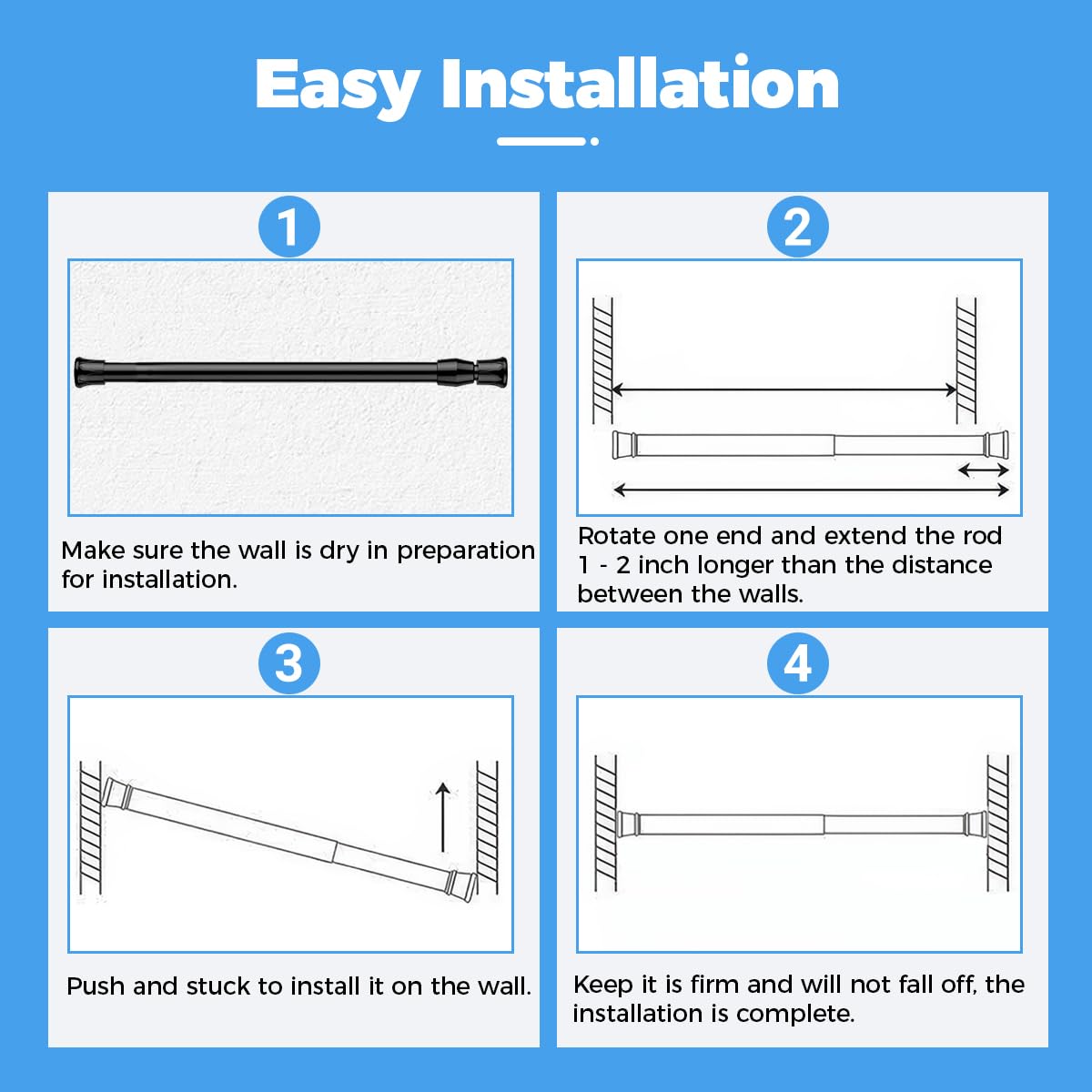 4 Pezzi Bastone Tenda a Pressione,30-50cm Bastoni per Tende a Pressione,Bastone per Tenda Estensibile,Aste per Tende Senza Forare,Tende,Antiruggine,Regolabile,per Armadi,Finestre,Libreria (Nero)