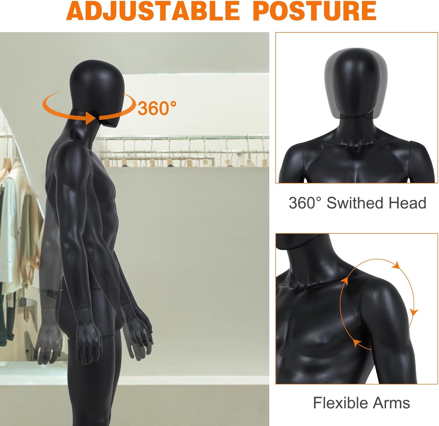 Kinpaw 6FT Male Mannequin, Full Body Mannequin, 72.8" Height Mannequins Body Male with Metal Stand, Dress Form for Tailor Shop, Clothing Store, Adjustable & Detachable, Black