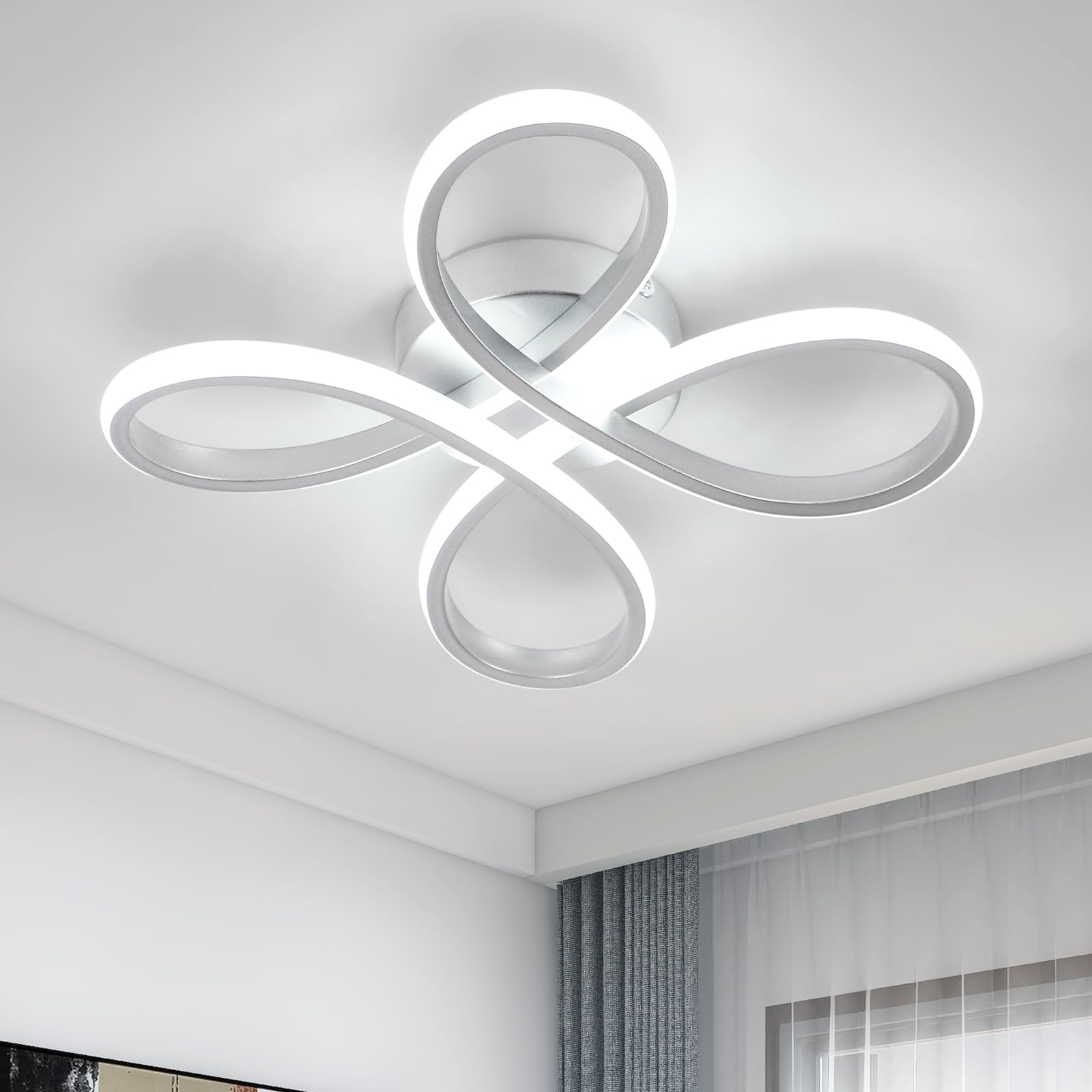 Lámpara de Techo Moderna, 30W 3375LM Plafón LED Techo 30CM | Diseño Forma de Flor, Lamparas de Techo LED Moderno Plata para Dormitorio Cocina Sala de Estar Pasillo, Blanco Frío 6500K