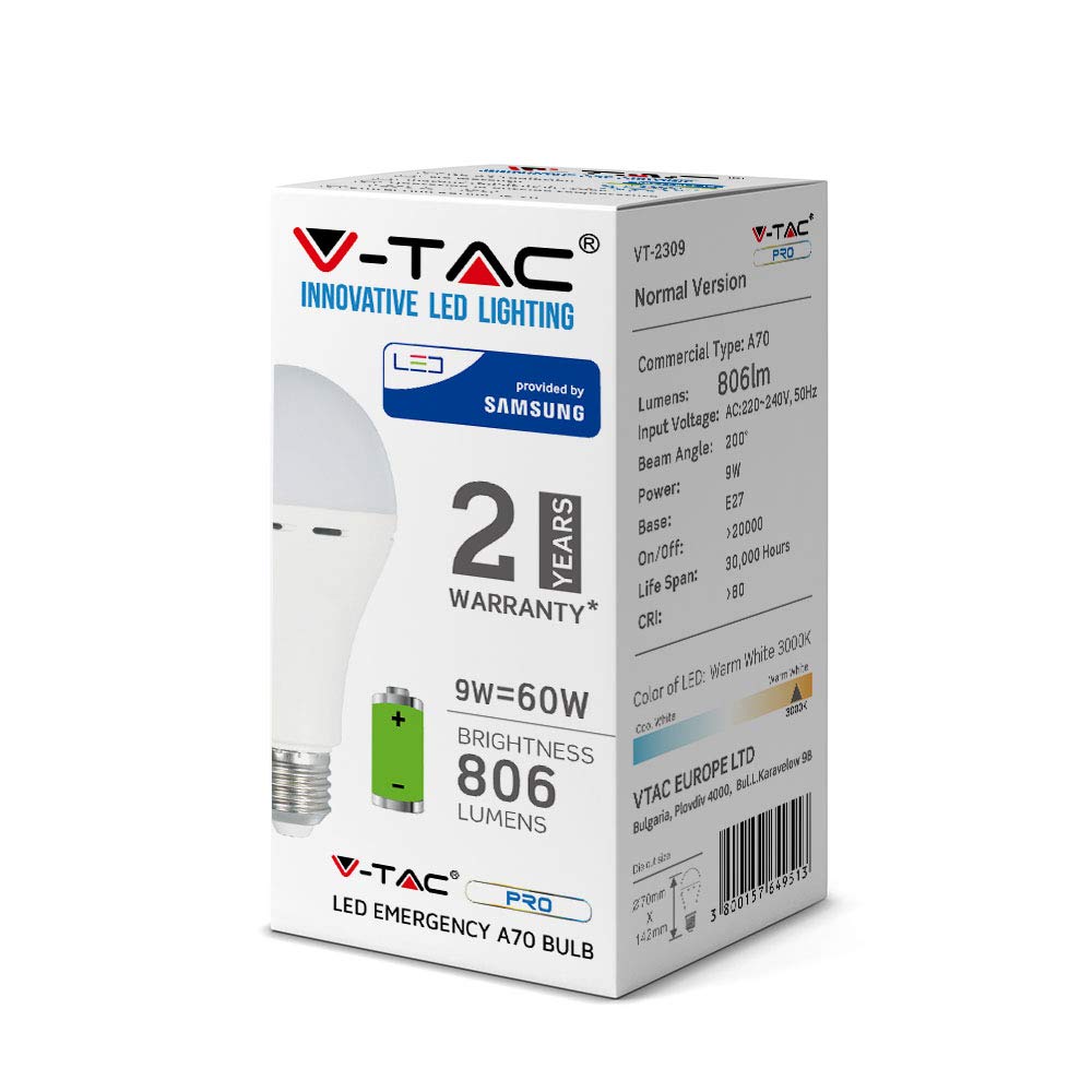 V-TAC LED Energiesparlampe 9W A60, E27, 2700K Warmweiß – Ersetzt 60W Glühbirne, Nicht Dimmbar
