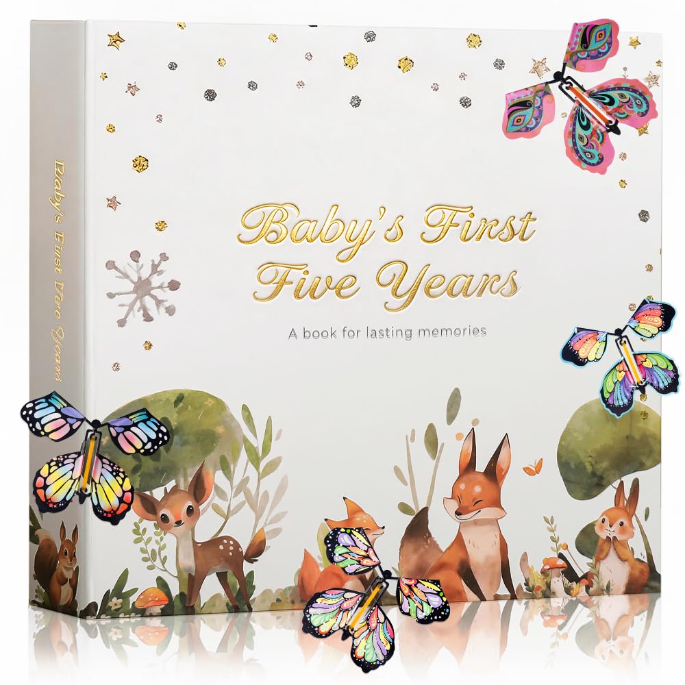 Erinnerungsbuch für Baby Fuchs erste fünf Jahre Fotoalbum Geschenkset mit fliegendem Schmetterling