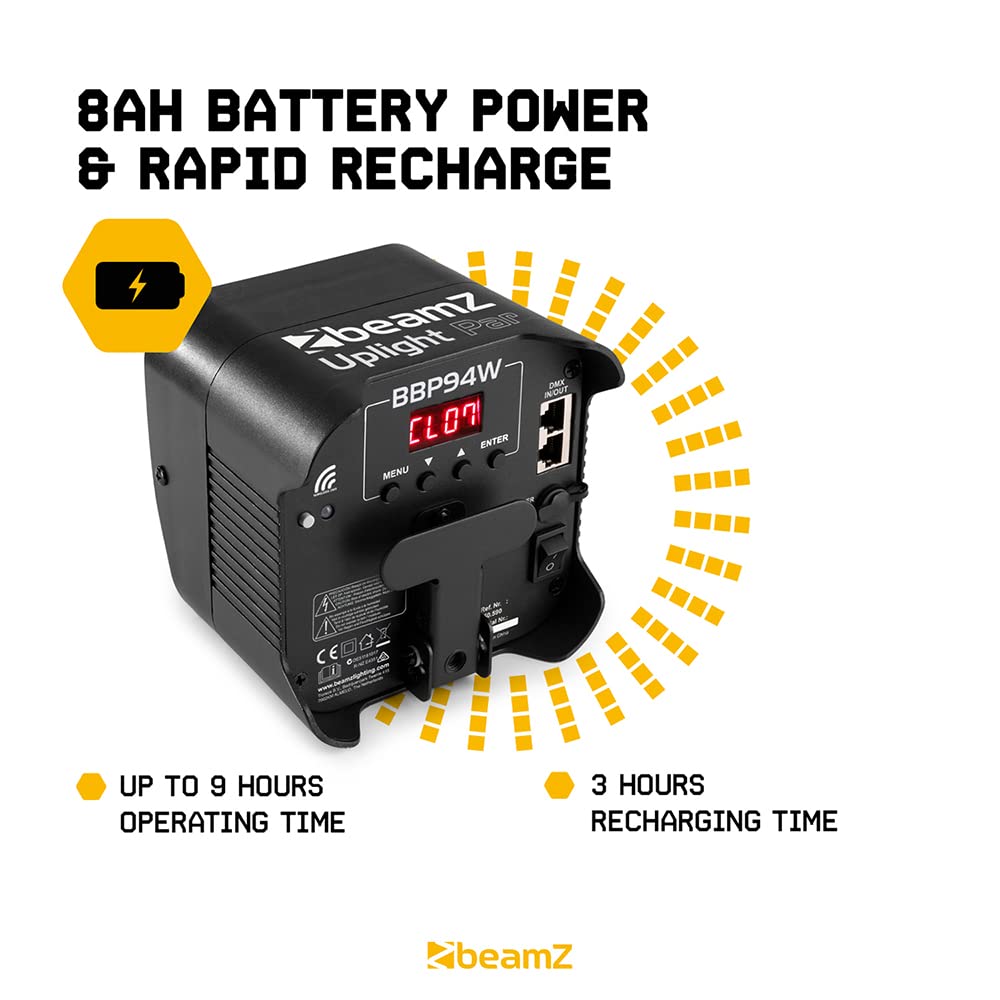 BeamZ BBP94W - Uplighter a batteria senza fili, rondella da parete LED da 48 W con controllo DMX, luce par alimentata a batteria ricaricabile per eventi, illuminazione verticale ed effetti di lavaggio