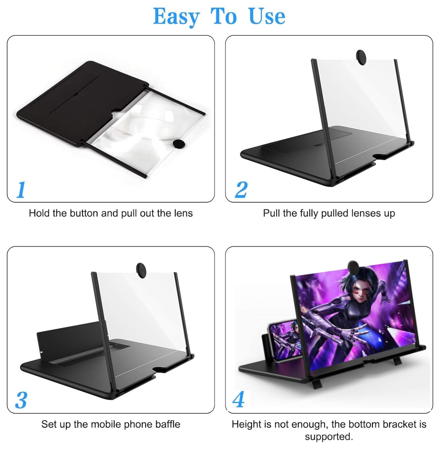 Bildschirmlupe, 20 Zoll Bildschirmlupe für Smartphones 3D HD, Faltbarer Handy Lupe zum Ansehen von Filmen und Videos, geeignet für alle Smartphones (Schwarz)