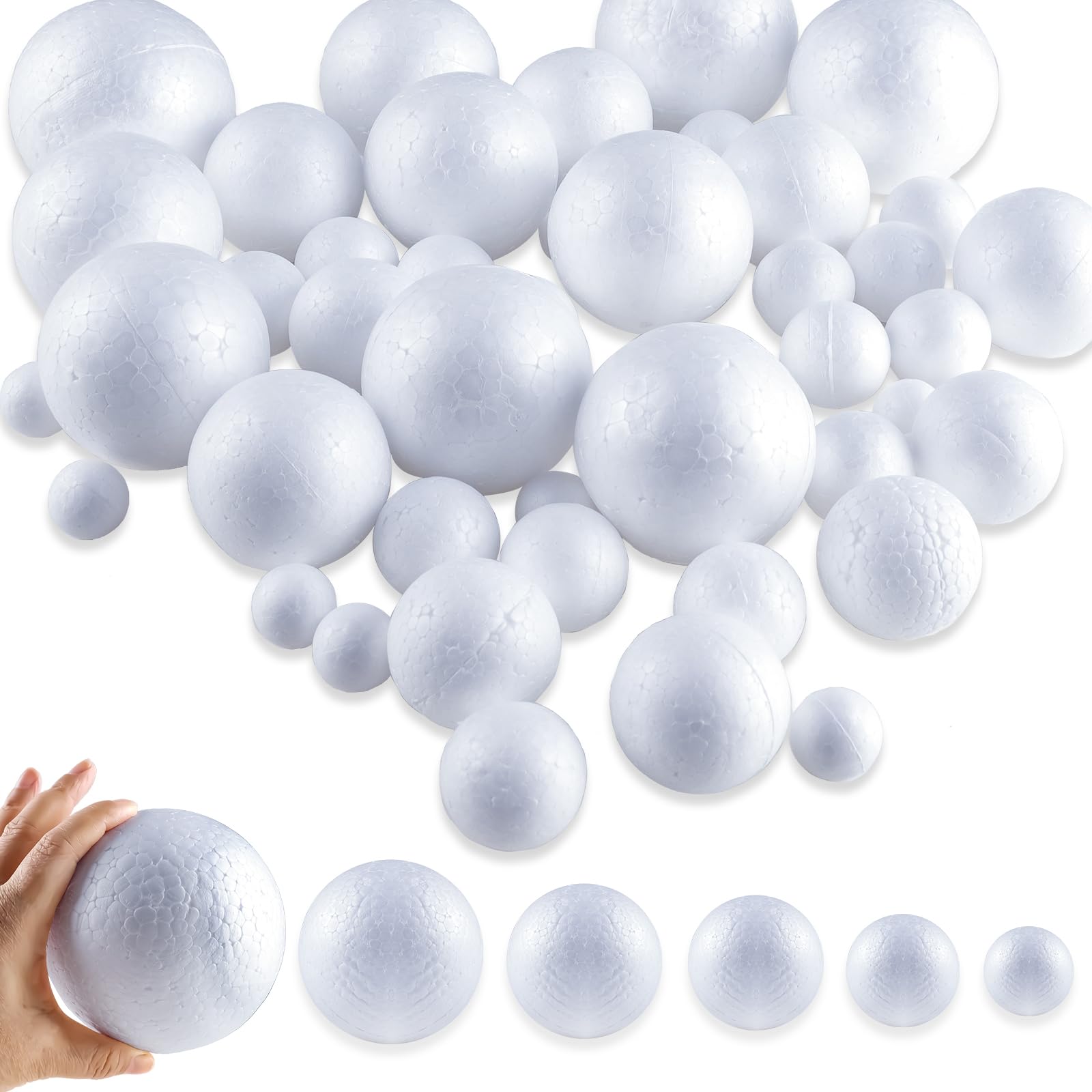 Fellibay 72 Pieces White Foam Balls, 6 Sizes Polystyrene Craft Foam Balls for Art, Craft, Household, School Projects, Party Decoration (72pcs-6 Sizes)