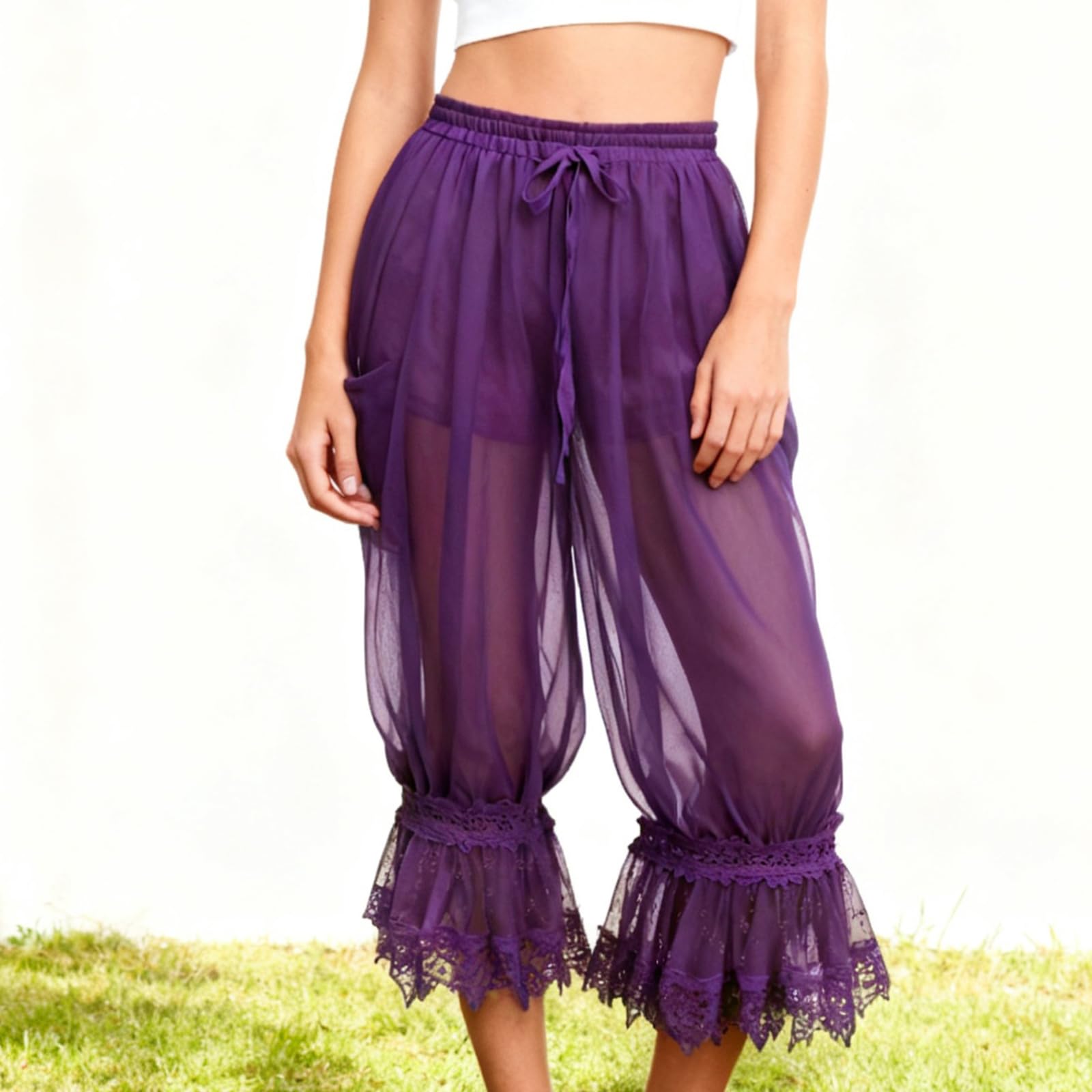 Pantalon De Plage Court en Mousseline Transparente pour Femme, Taille Basse, Ourlet Volanté, Style Capri, Idéal pour Les Vacances. Z1-Purple Small