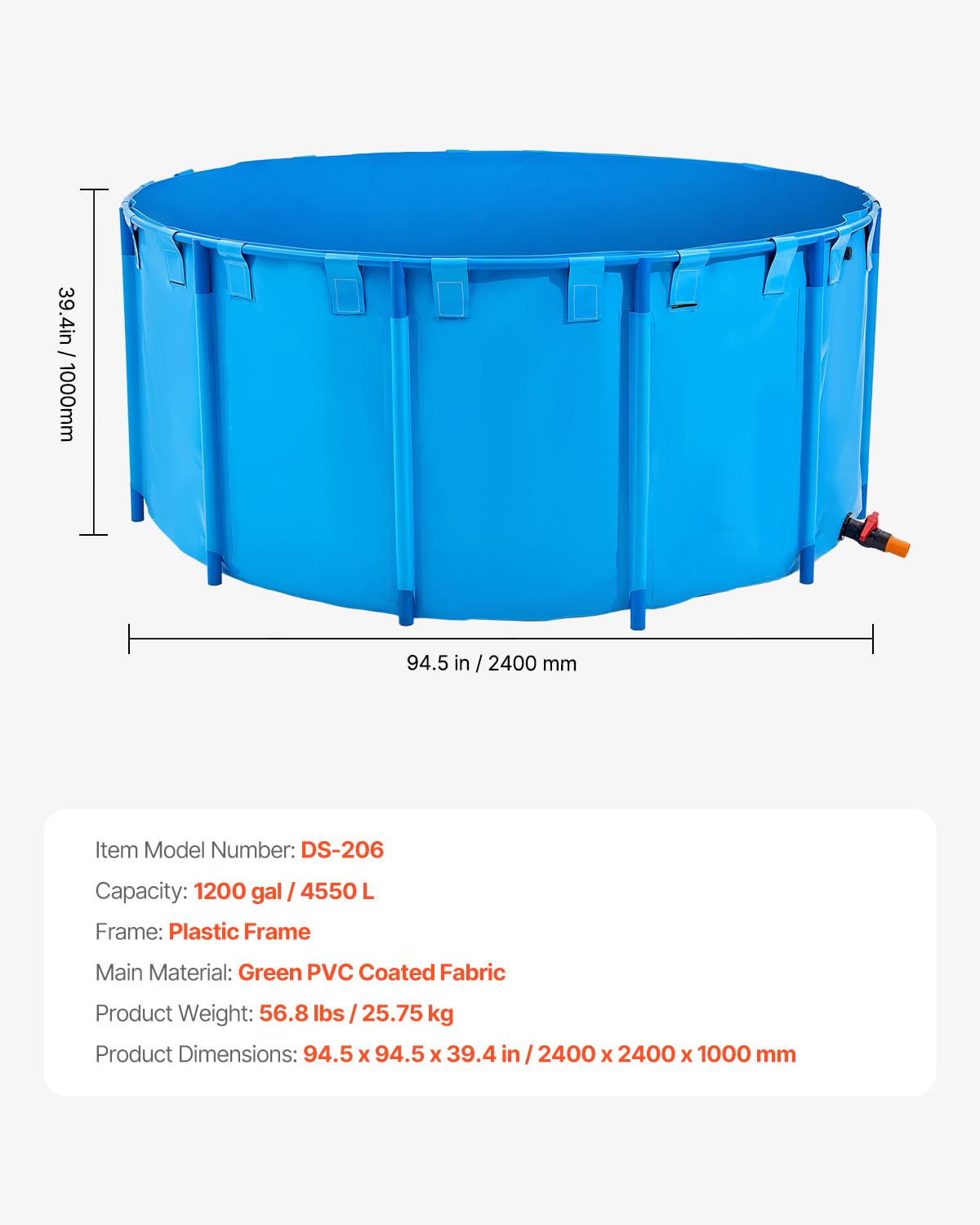 VEVOR Bassin à Poissons Hors Sol, Capacité 4550 L, Étang à Poissons en Toile PVC, avec Cadre Stable en Plastique et Vanne de Vidange, pour Aquaculture, Élevage de Poissons Rouges, Carpes, Koïs, Bleu