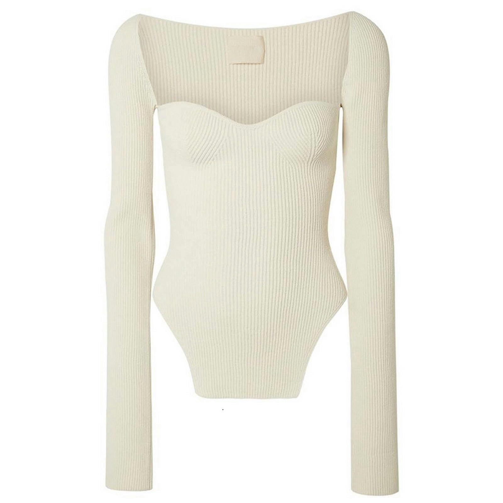 TEidea Rebeca Mujer Verano Autumn Fashion: Suéter De Punto Dividido De Lado Blanco con Cuello Cuadrado Y Mangas Largas para Mujeres-Blanco-S