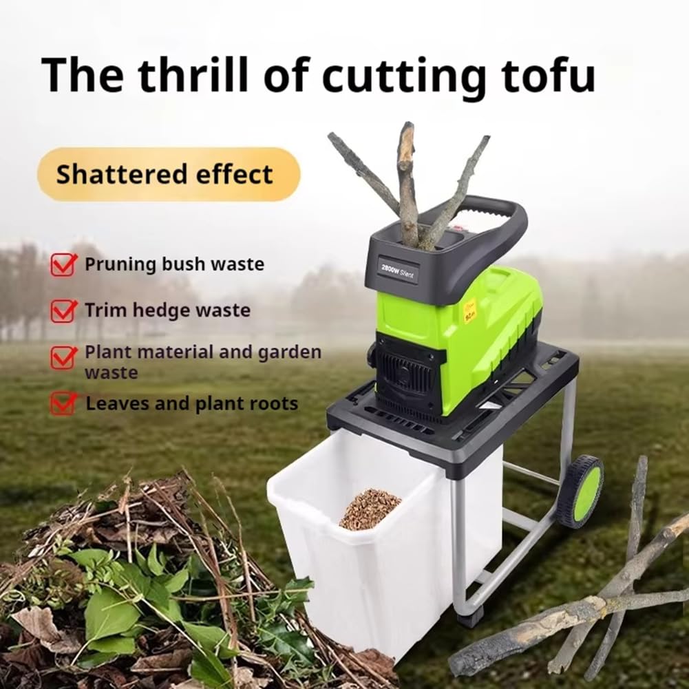 Trituradora eléctrica de jardín, potencia de 2800 W con ruedas para una fácil movilidad, maneja hasta 45 mm de madera y desechos para una limpieza eficiente