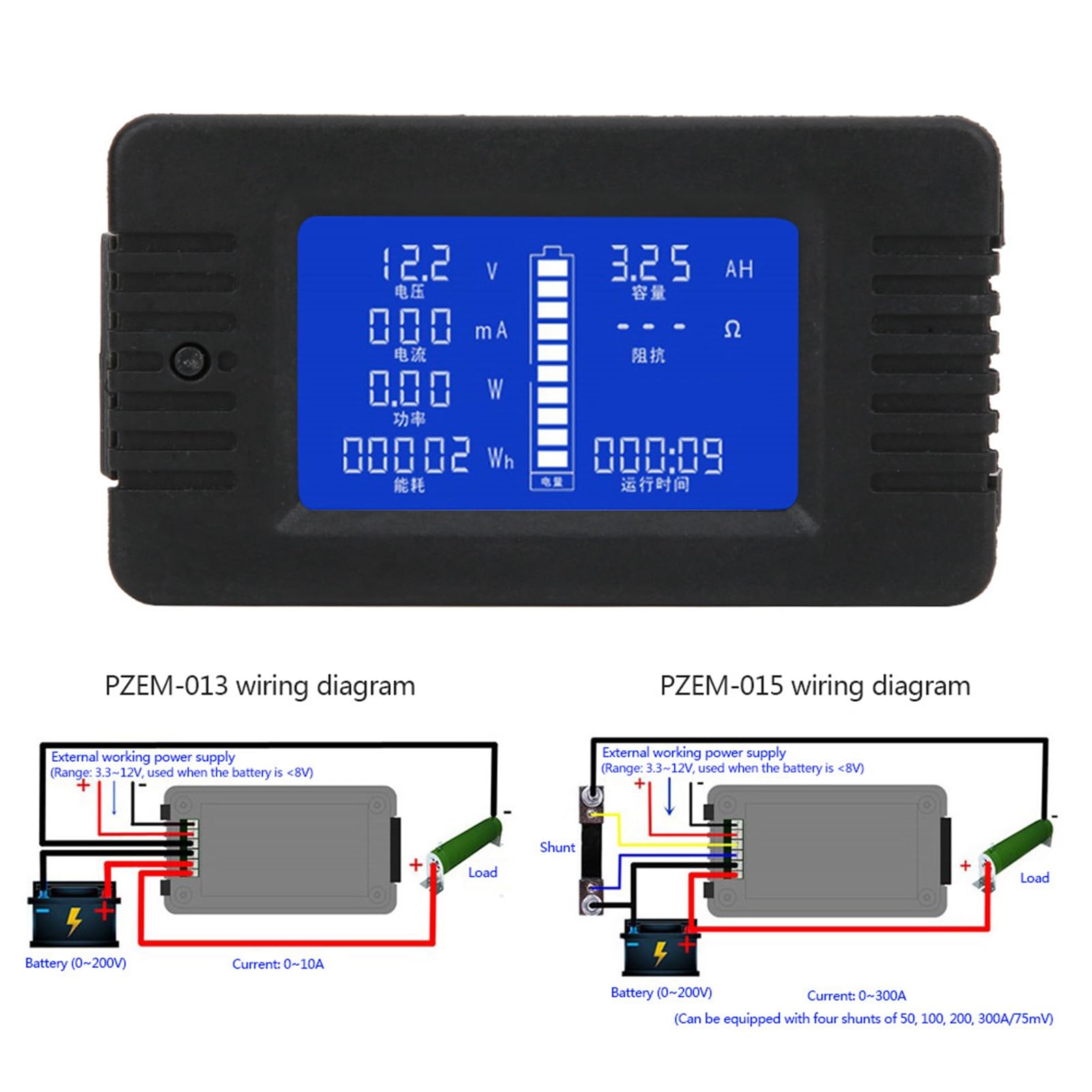 Monitor Batteria con Display LCD e Shunt Integrato 200A per Tensione 0-200V Corrente Continua