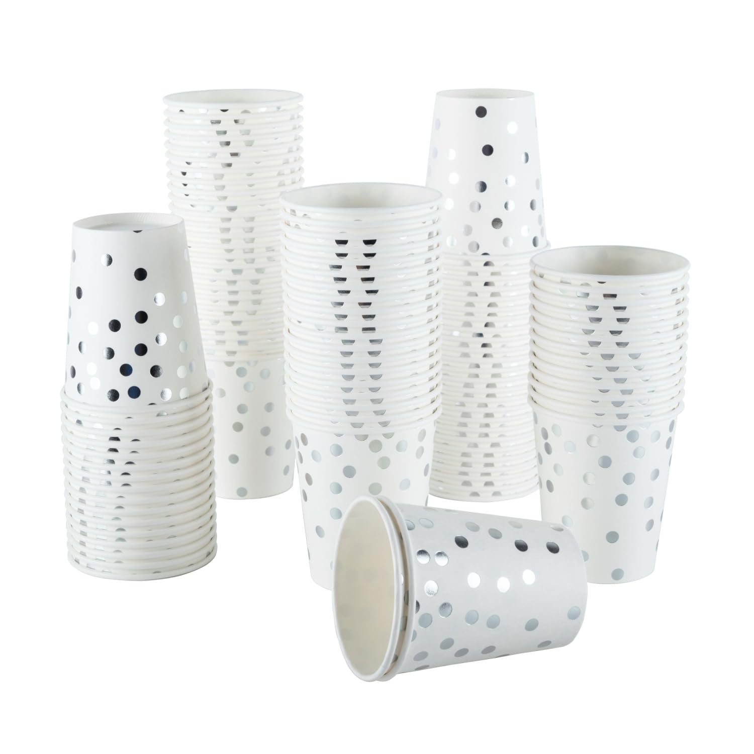 Bicchieri Di Carta 250 Ml A Pois Bianchi E Argentati – 100 Pezzi Per Matrimoni, Feste E Anniversari – Eleganti E Monouso Per Bevande Calde E Fredde