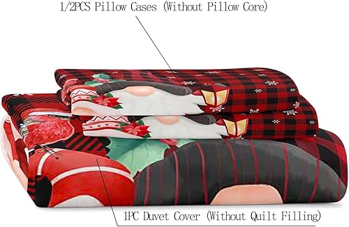 Miniatura 5 de LUVIVIHOME Juego de funda de edredón de Navidad de 3 piezas, tamaño Queen, funda de edredón de búfalo negro y rojo, gnomo navideño, Papá Noel,