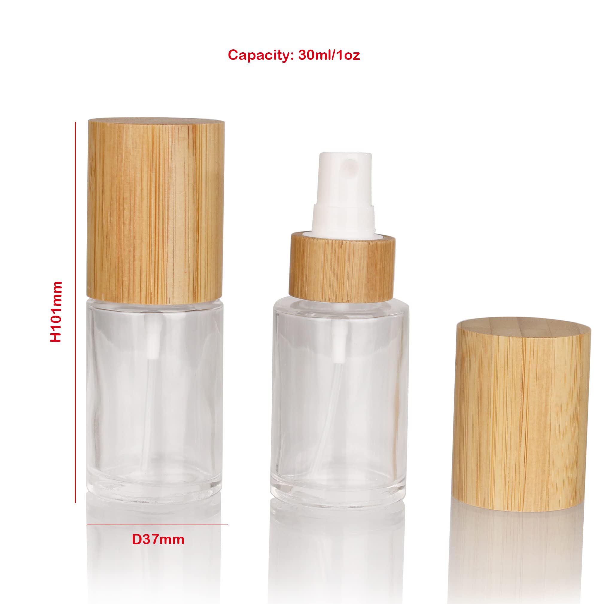 COSIDEA - 6 flaconcini spray in vetro trasparente da 30 ml / 1 oz con coperchio in bambù e testina nebulizzatrice fine per profumi liquidi, cosmetici e flaconi di tonico
