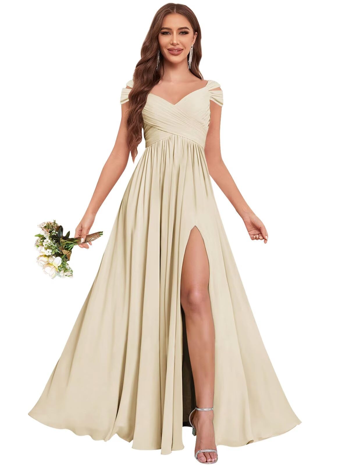 JKMMYO Off The Shoulder Bridesmaid Dresses with Slit Pockets Pleated Chiffon Formal Gowns for Women