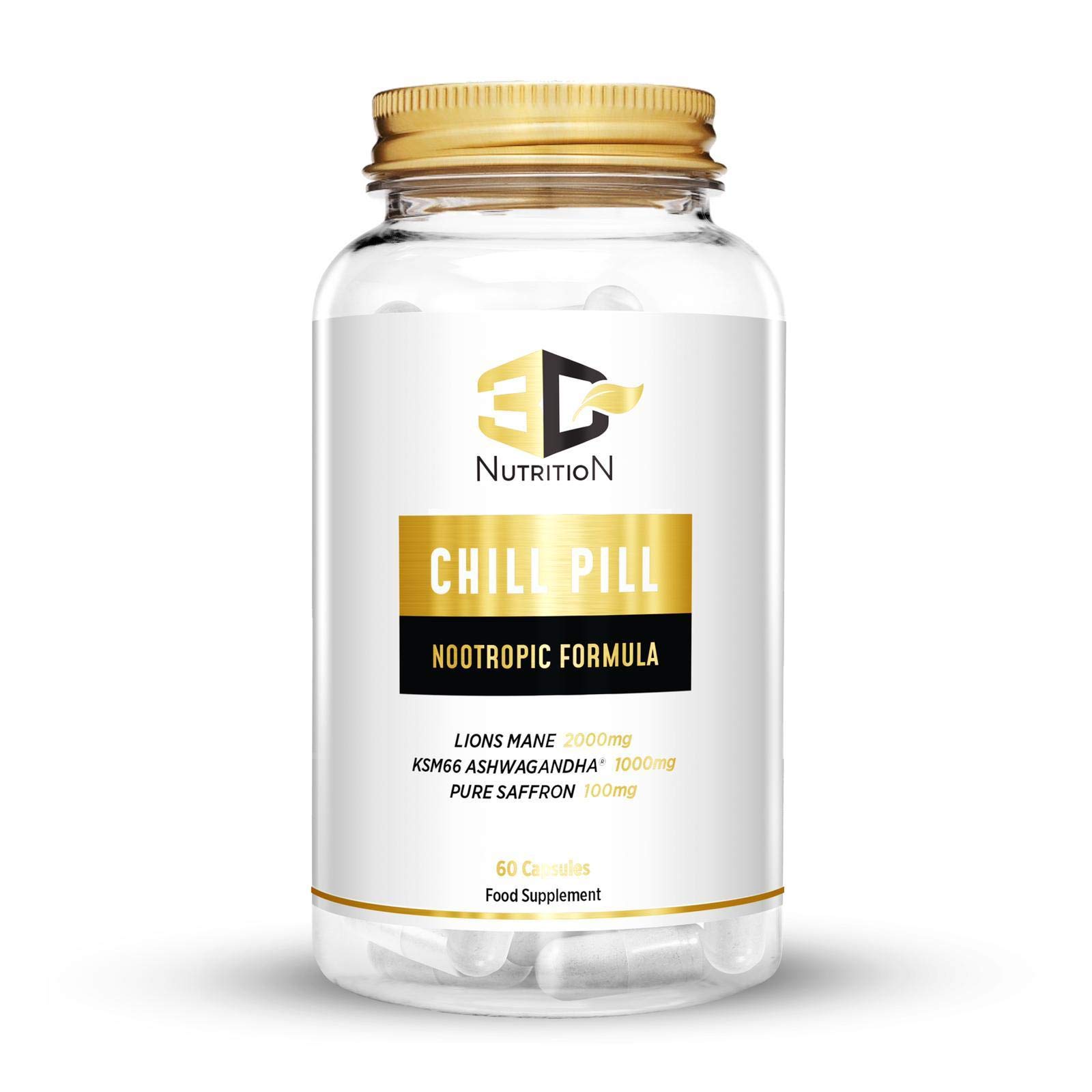 Chill Pill ﻿- Sleep & Relaxation Nootropic Supplement | 5-HTP ﻿| Lions Mane Mushroom | Ashwagandha ﻿| L-Theanine ﻿| 60 Capsules ﻿| Vegan, Non-GMO & Organic