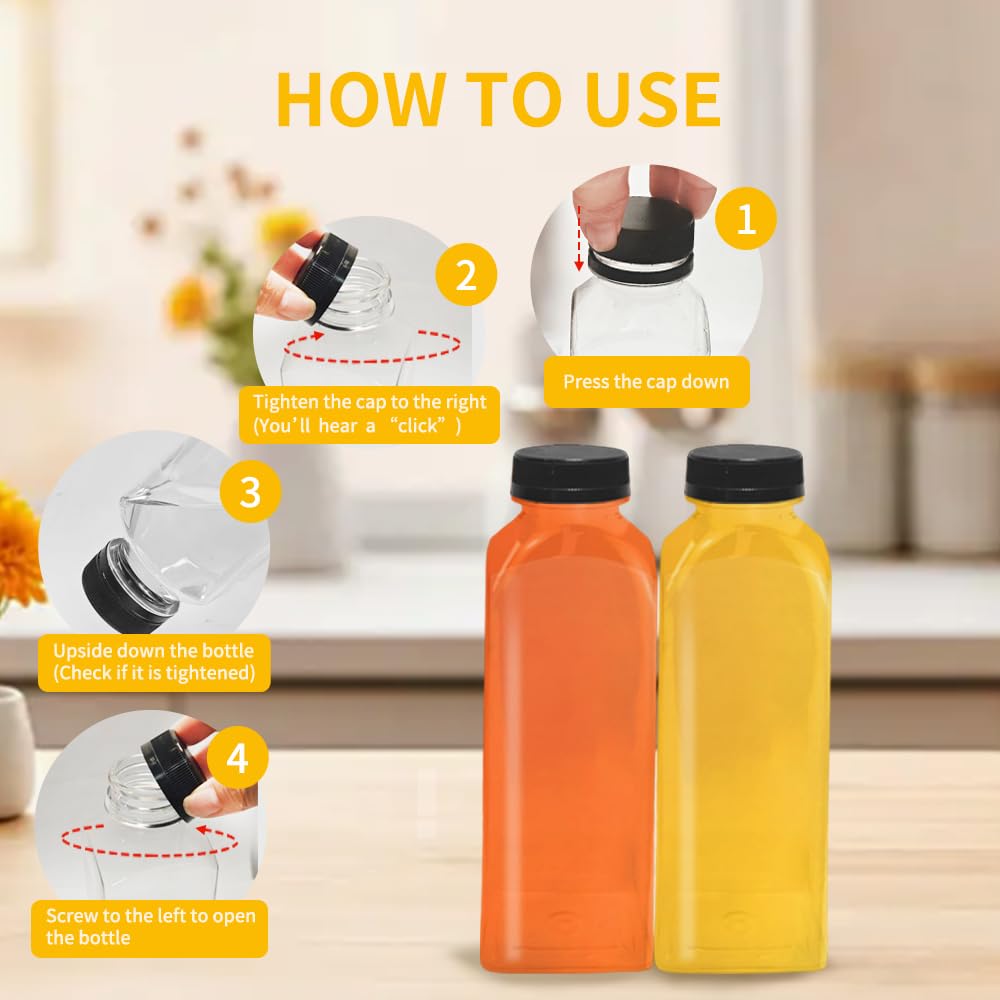 Lot de 12 bouteilles de jus en plastique avec couvercles noirs, réutilisables pour stocker jus, lait, smoothie et autres boissons faites maison 500 ml