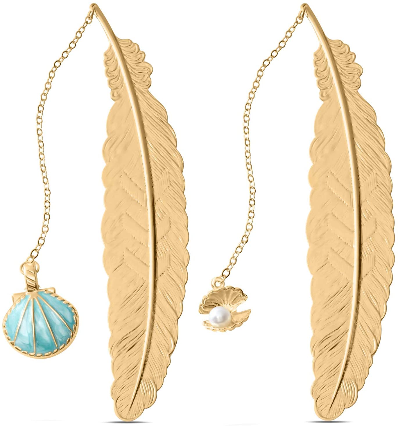 THEWHITESHOP Bookmarks, Metal Feather Pendant Book Markers Gifts for Women, Kids, Teens Girls, Readers and Book Lovers. (Blue Bay+shell)