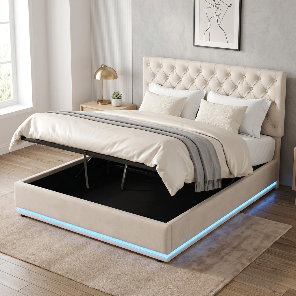 Jaxenor 4ft6 Double Ottoman Bed with LED Lighting, Upholstered Bed Frame with Hydraulic Storage for Adult/Teens, Velvet Bed Frame with Handmade Button Tufted Adjustable Headboard, No Mattress, Beige