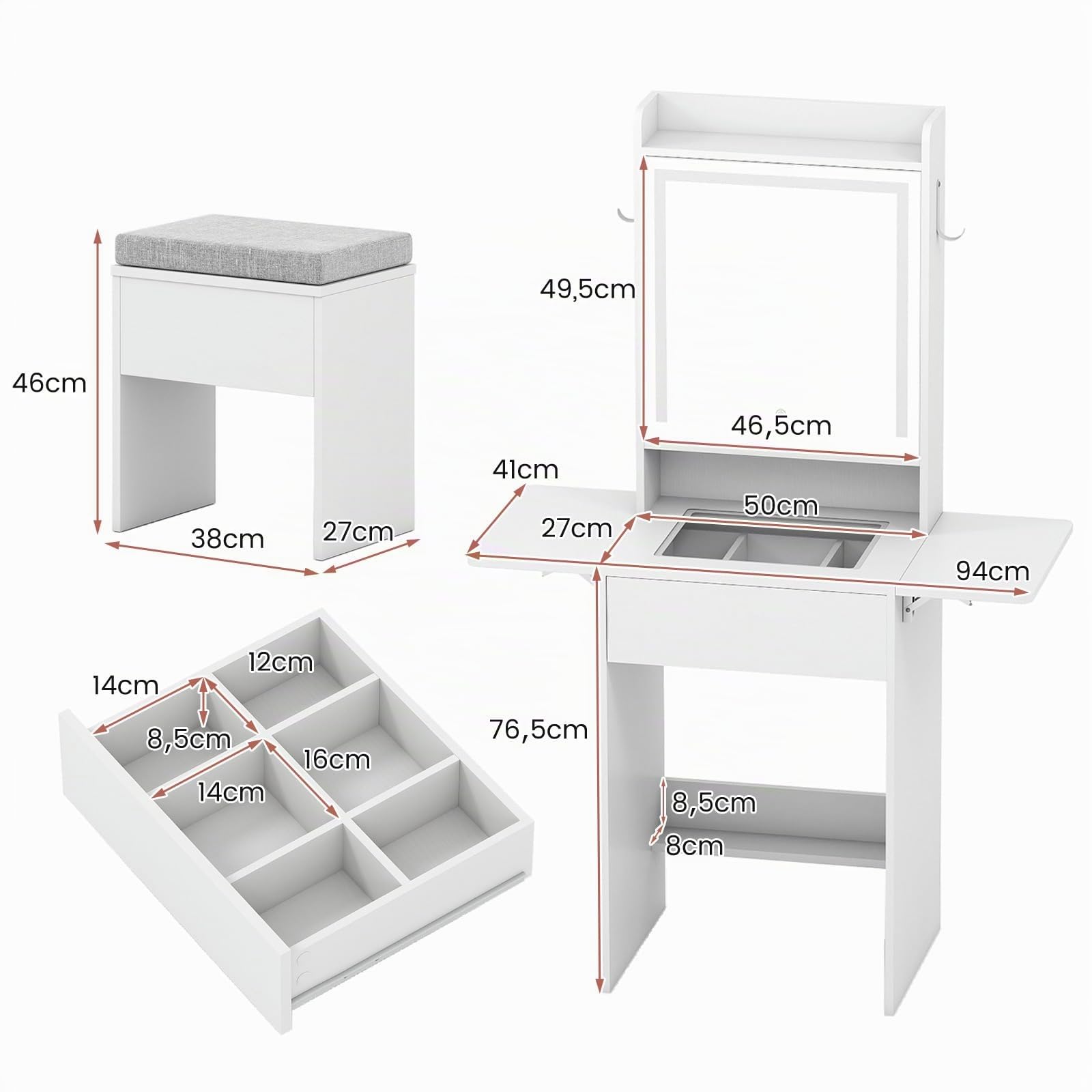 GIANTEX Tocador Compacto con Taburete Acolchado, Mesa de Maquillaje con Espejo Luminoso de 3 Modos, Cajón, Estante, Ganchos y Enchufes, 2 Tableros Laterales Plegables (Blanco)